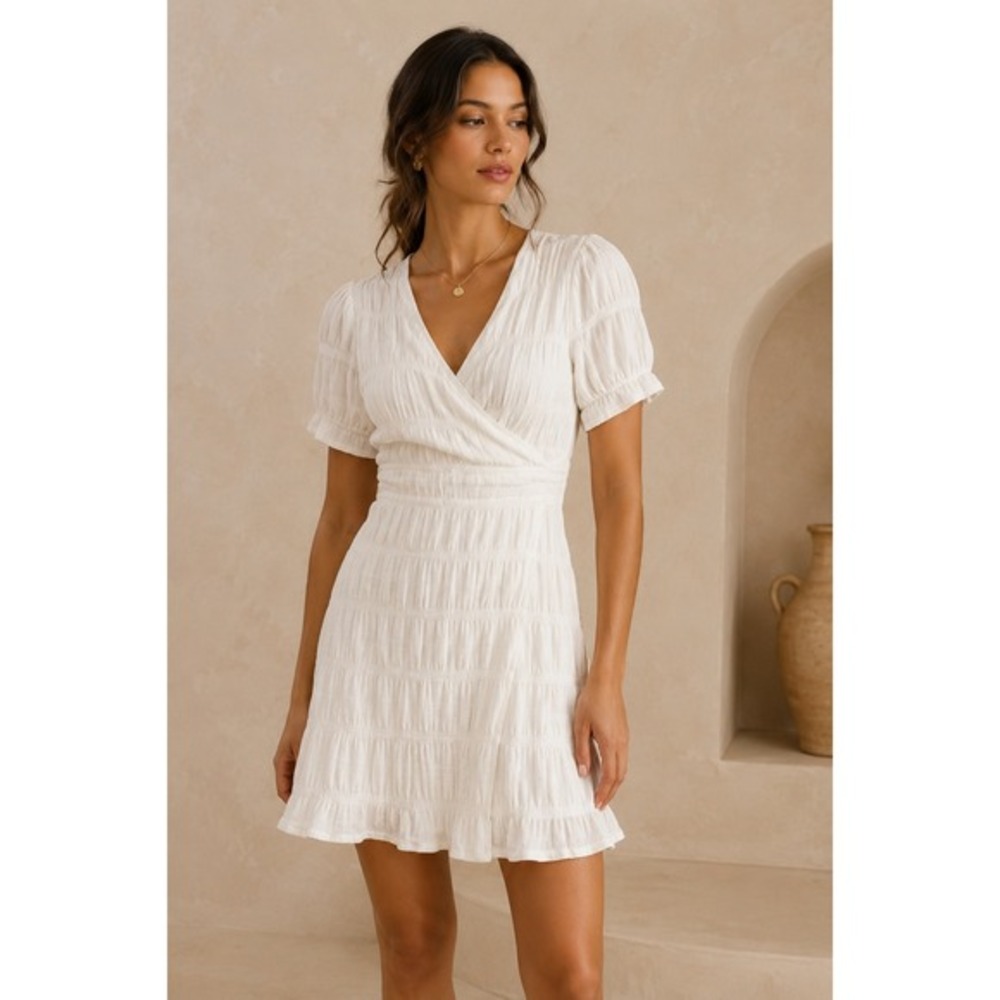 2/$30 Draper James‎ Mini Dress S White Short Puff Sleeve Wrap Gauze Tiered
